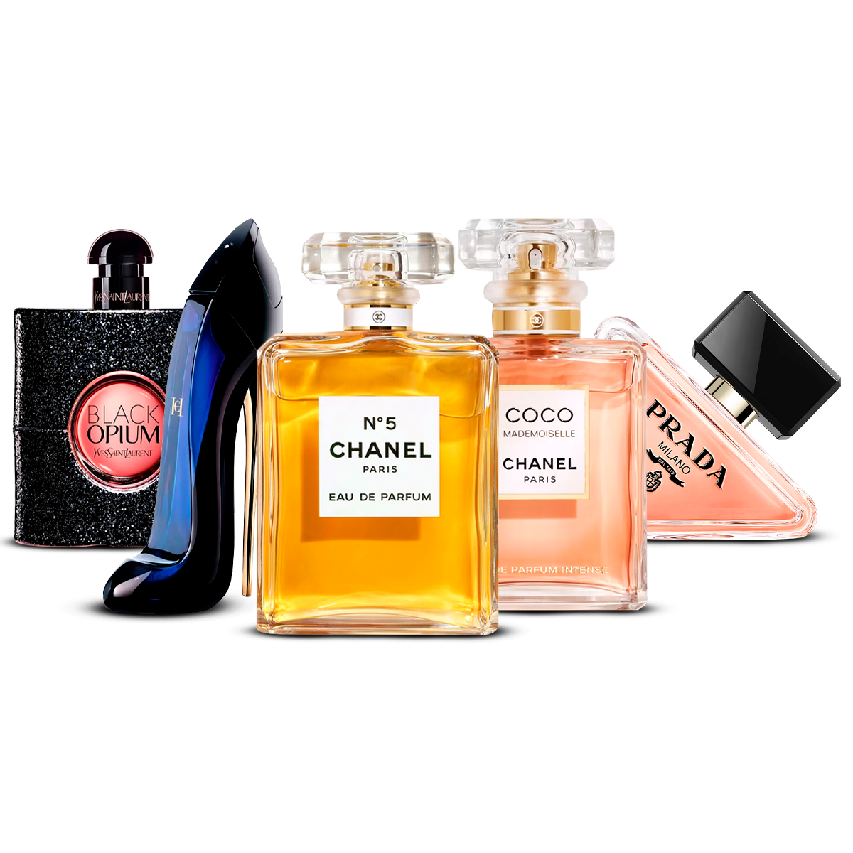 Combination of 5 women's perfumes – Black Opium, Good Girl, Chanel N°5, Coco Mademoiselle and Prada Paradoxe [100 ml each]